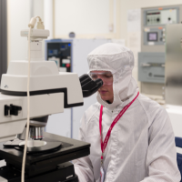 Image of REU student in the CNF Cleanroom.