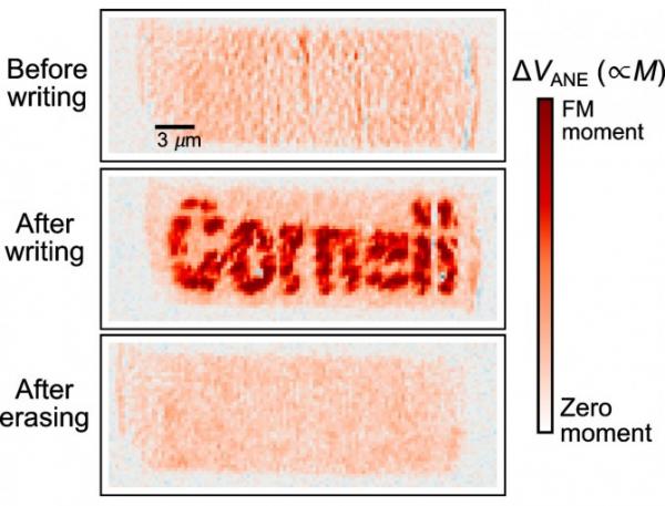 Isaiah Gray/Provided. The magnetic strength of a sample of iron rhodium is shown before writing, after writing, and after erasing, with the darker shades of red representing stronger magnetism.