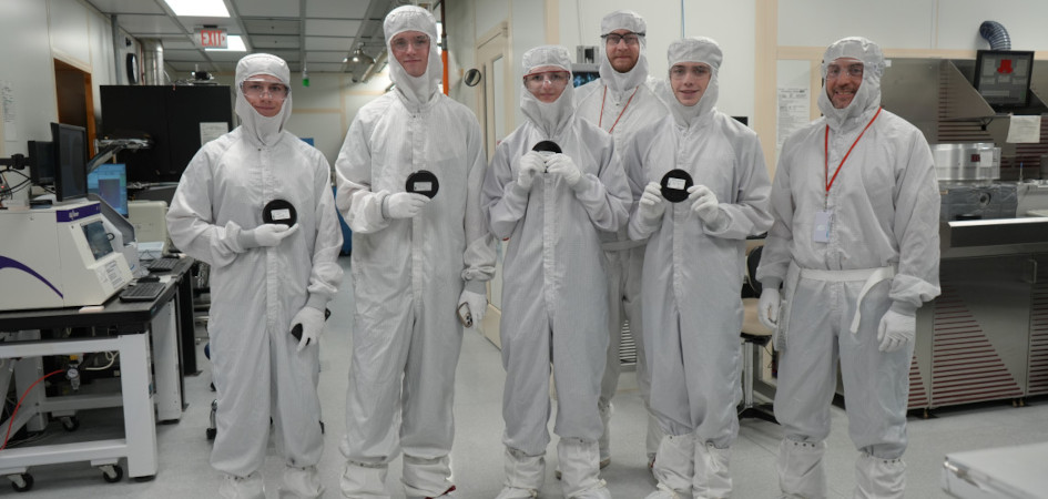 Students from the TST-BOCES New Visions Engineering Program stand inside the Cornell NanoScale Science and Technology Facility cleanroom during a January visit through ATLAS, which provides hands-on exposure to micro- and nanofabrication. (left to right) Nathaniel Crispell, Nolan Lord Conaway, Clay Melson, Tom Pennell, James Parry, David Syracuse. Credit: Chelsea Blovat, TST BOCES