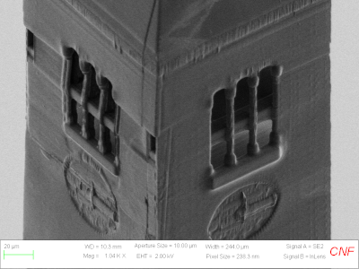 SEM image showing the size of the 3D Nano McGraw Clock Tower