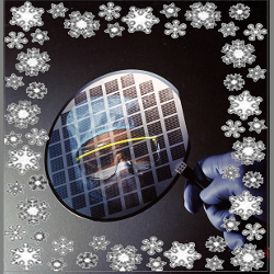 a CNF wafer surrounded by snowflakes