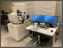 Image of Carl Zeiss GeminiSEM 560 in the CNF Cleanroom laboratory along with its dual monitor workstation