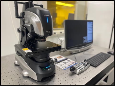 Image of Keyence Digital Microscope on a steel table in the CNF cleanroom laboratory
