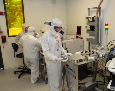 Users and staff work in the CNF Cleanroom in Duffield Hall
