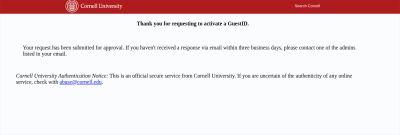 GuestID Confirmation Web Page with instructions that CNF User Program staff will act on the request within 3 business days